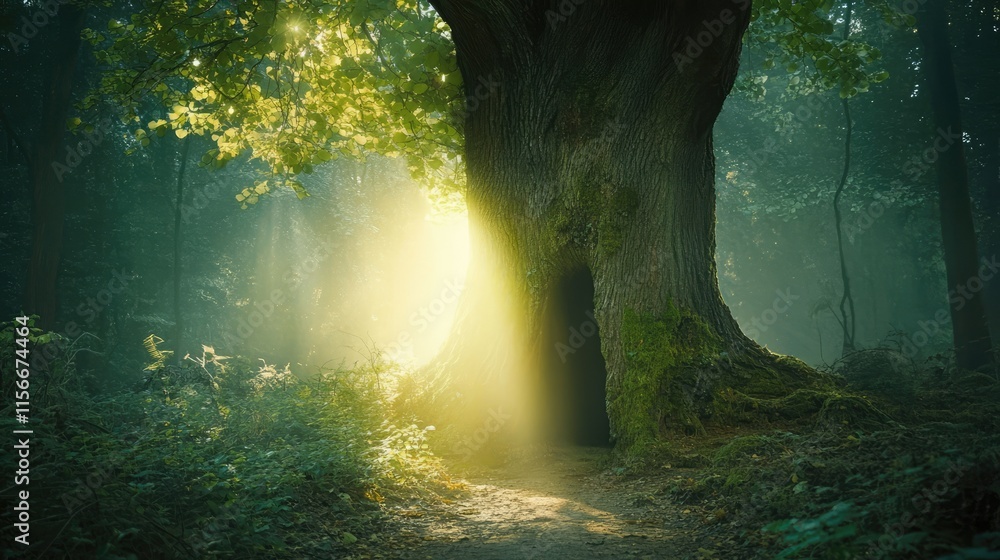 Poster Majestic tree trunk illuminated by sunlight in a serene forest setting creating a magical natural atmosphere