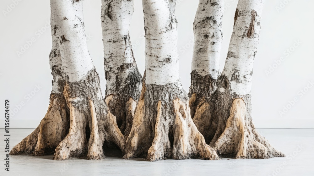 Poster birch tree trunks showcasing unique bark textures and robust roots in a modern indoor setting, empha