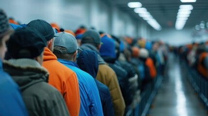 Crowd of people in colorful jackets lining up in a large indoor space.
