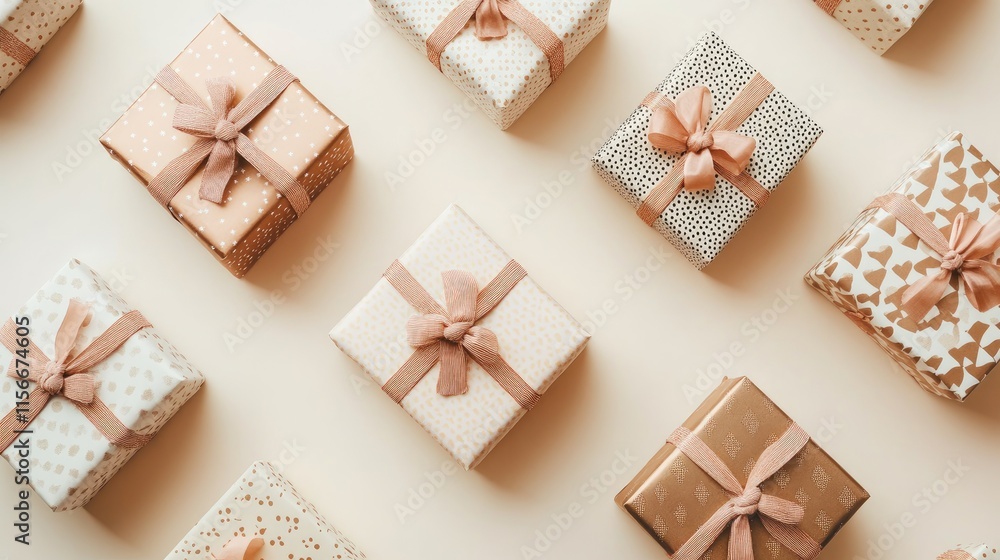 Poster Elegant arrangement of decorative gift boxes featuring various patterns on a soft neutral background for festive occasions