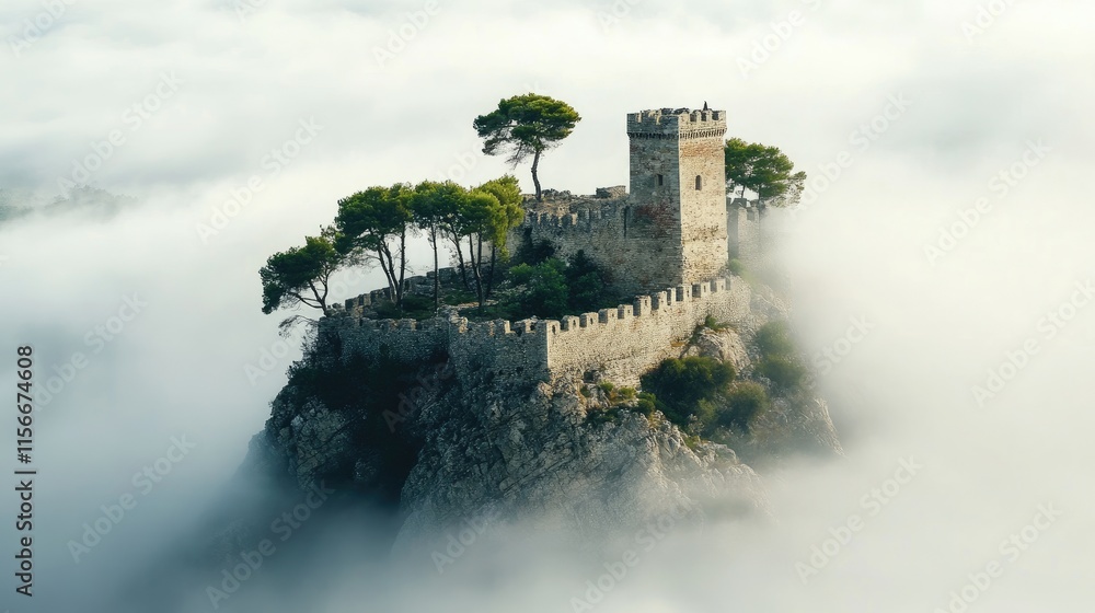 Poster foggy fortress with ancient trees atop a rocky cliff surrounded by misty landscape capturing a seren