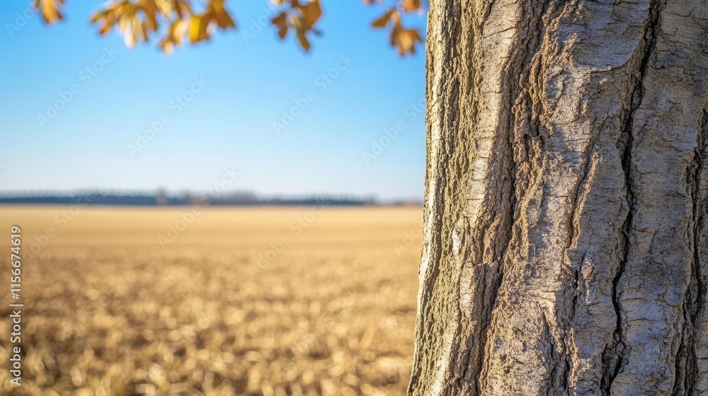 Poster tree trunk close-up with blurred golden field and clear blue sky in the background capturing the ess