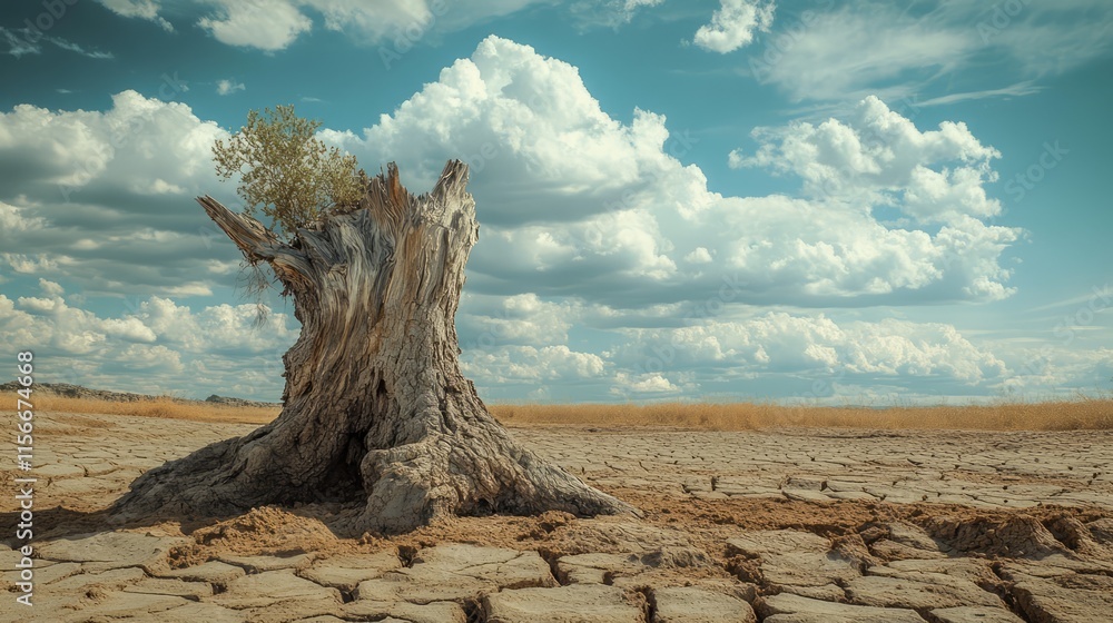 Aufkleber dried tree trunk on parched soil under a dramatic sky illustrating drought and climate change effect