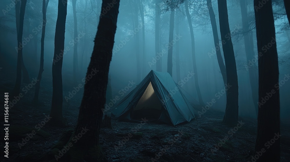 Poster mystical trekking tent illuminated in a dark forest surrounded by tall trees and misty atmosphere at