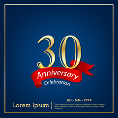 30th years anniversary celebration emblem. elegant golden anniversary logo isolated with red ribbon on dark blue background. vector illustration template design for celebration greeting card