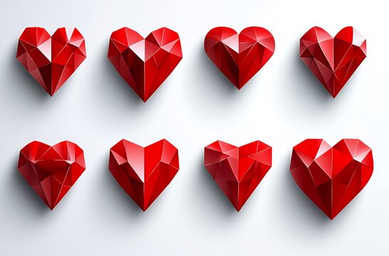 Eight Red Geometric Hearts Low Poly Love Symbols Valentine s Design