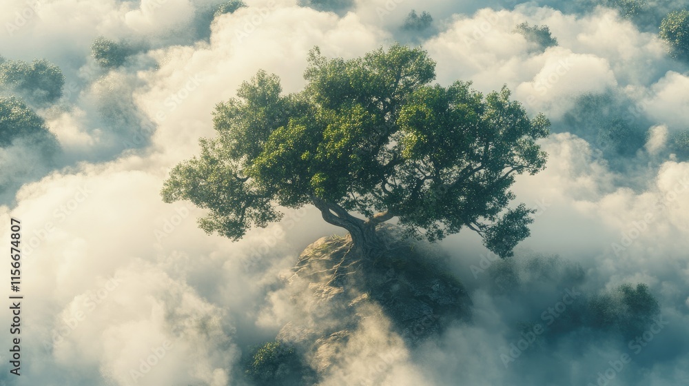 Poster aerial view of a solitary tree emerging from soft clouds with a serene blue sky creating a tranquil 