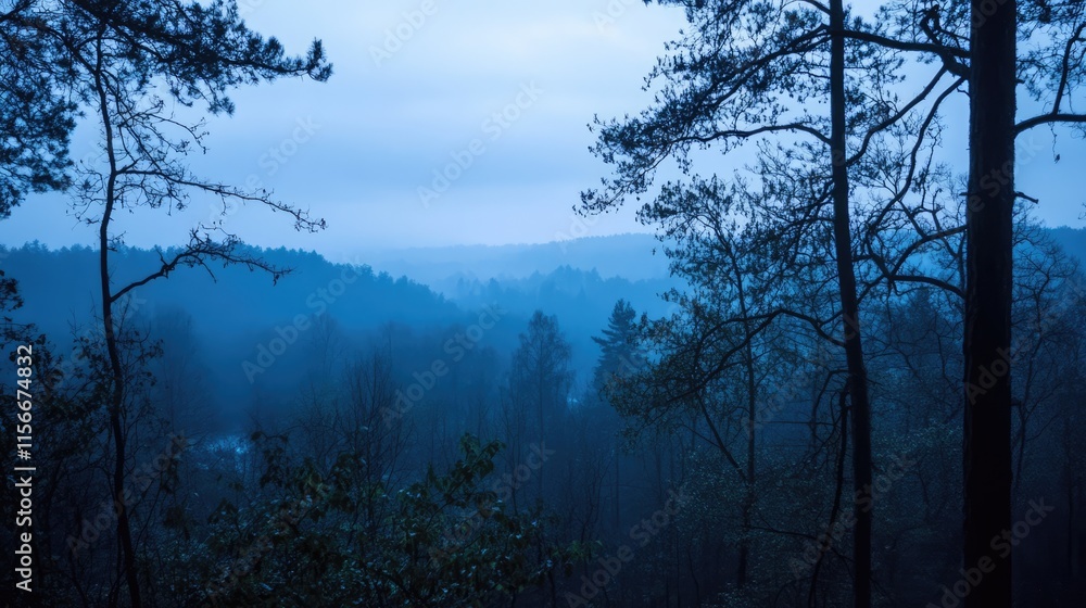 Poster forest canopy view during twilight showcasing deep blue hues and dense trees creating a serene natur