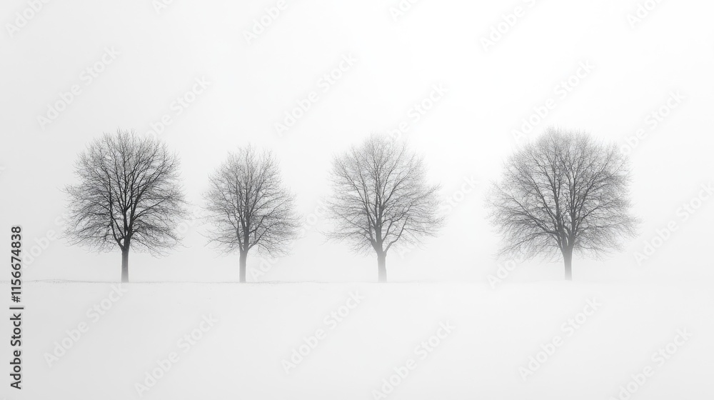 Poster Winter foggy landscape with snow-covered trees creating a serene and atmospheric scene in a minimalist setting.