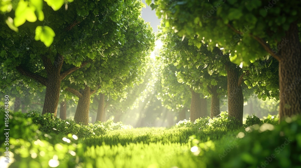 Poster lush green forest pathway with sunlight filtering through dense tree canopy in serene natural settin