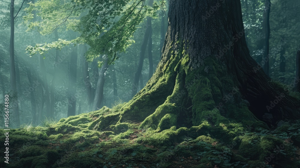 Aufkleber majestic tree trunk covered in lush green moss in a serene forest landscape with soft light filterin