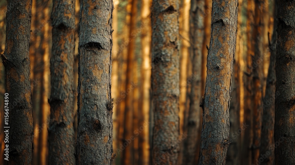 Poster Forest scene featuring textured tree trunks creating a natural background ideal for lumber and woodworking themes.