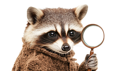 Funny curious detective raccoon with a magnifying  available PNG on white background © Sabbir Dzns