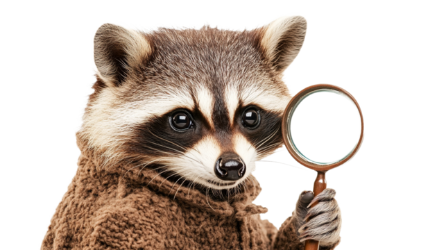 Funny curious detective raccoon with a magnifying  available PNG on white background