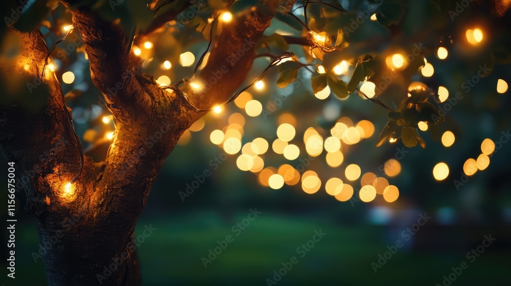 Poster Trees adorned with glowing lights illuminating the night creating a magical and festive atmosphere in a serene outdoor setting