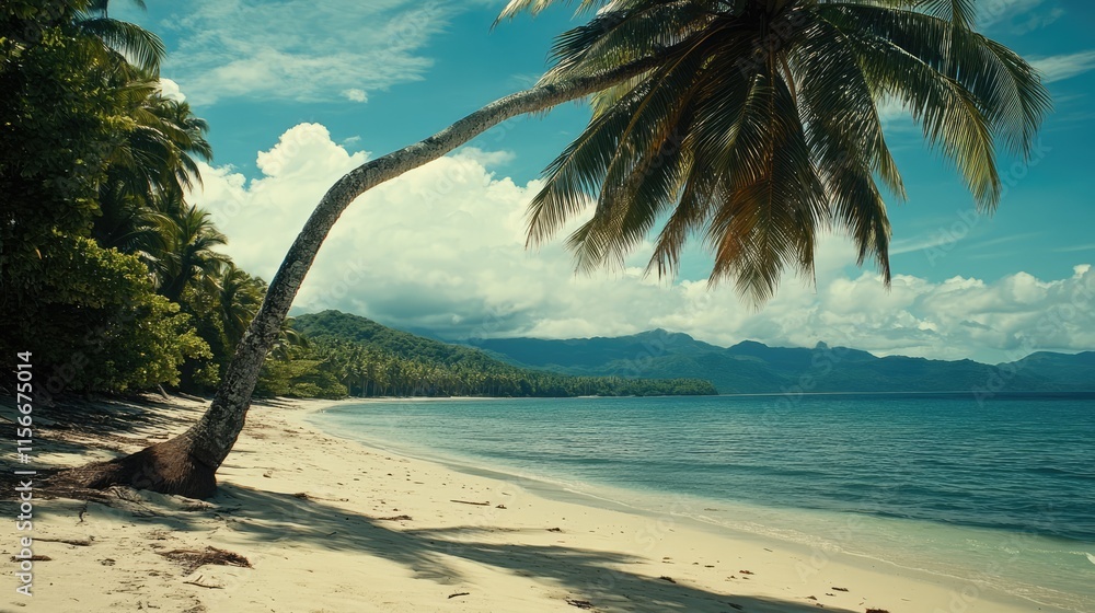 Aufkleber serene tropical beach scene featuring a leaning coconut tree and clear blue waters with distant moun