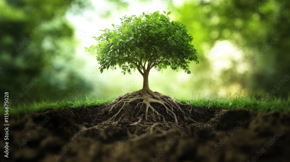 Poster rooted tree emerging from soil in a lush green forest environment symbolizing growth and nature's re