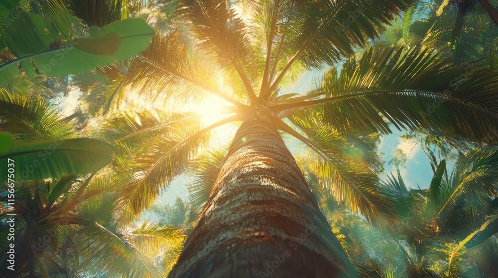 Poster tropical palm tree perspective with sunlight filtering through leaves on a bright summer day in a se