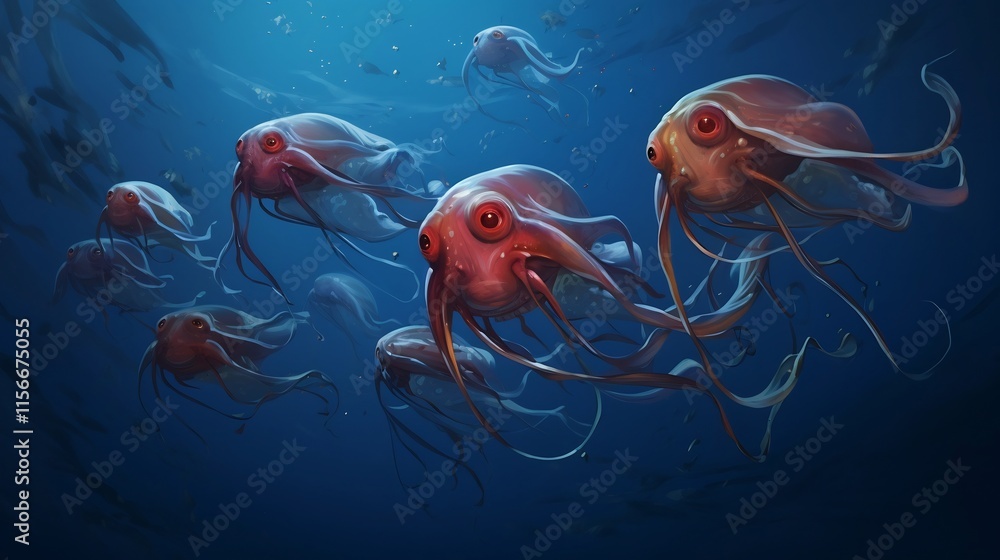 Poster captivating image of a group of gracefully floating vampire squids navigating the enigmatic deep sea