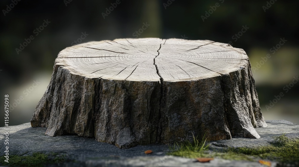 Poster tree stump with detailed grain patterns and natural cracks on a mossy stone background in a serene o