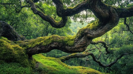 Naklejka premium Moss-covered tree branches in a lush forest during rainy season Doi Inthanon Chiang Mai Thailand serene nature background