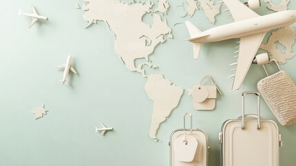 A soft background featuring a minimalist map, airplane icons, and luggage tags, creating a travel-themed design ideal for travel blogs.