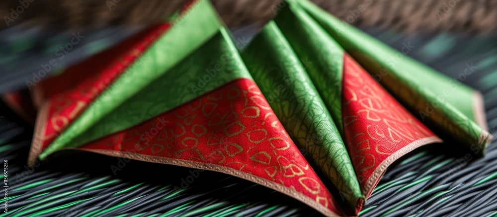 Aufkleber stylishly folded red and green paper napkins creating an elegant table setting perfect for festive o