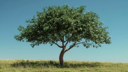 Fototapeta premium Lone deciduous tree with vibrant green foliage under a clear blue sky on a grassy landscape in bright daylight
