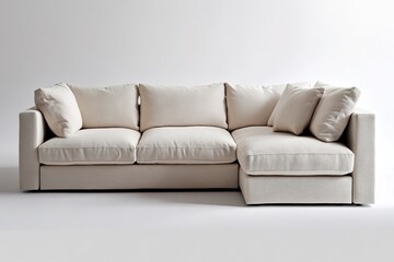 Fototapeta premium Stylish sectional sofa in soft beige fabric, featuring plush cus
