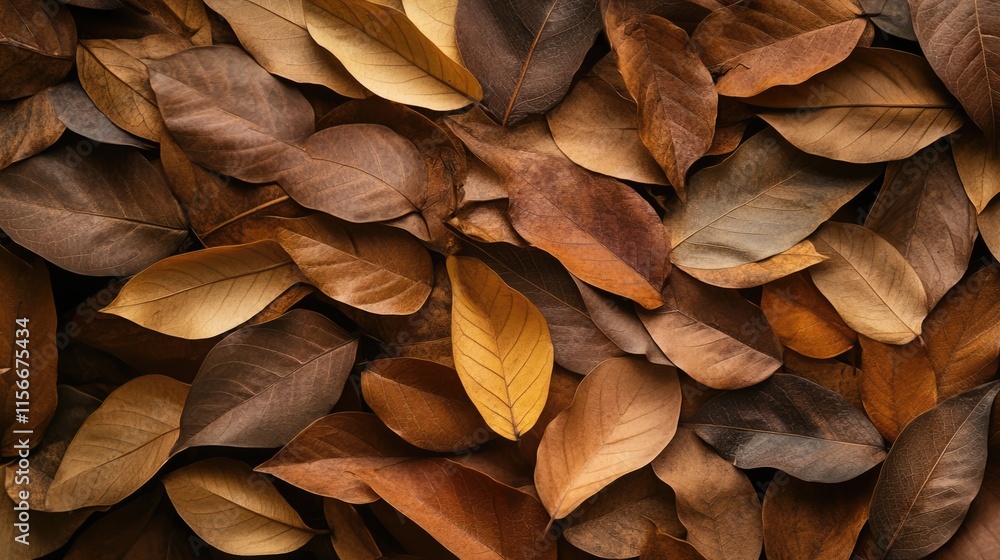 Poster tropical dry leaves in various shades creating a natural warm textured background for design and wal
