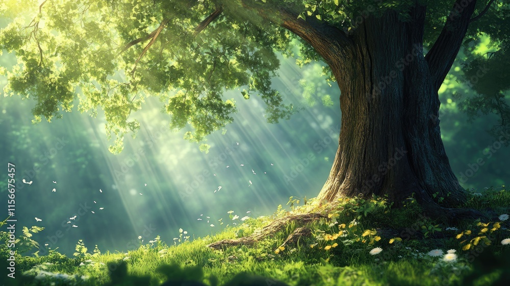 Poster majestic tree trunk in serene nature with soft sunlight filtering through lush green leaves and vibr