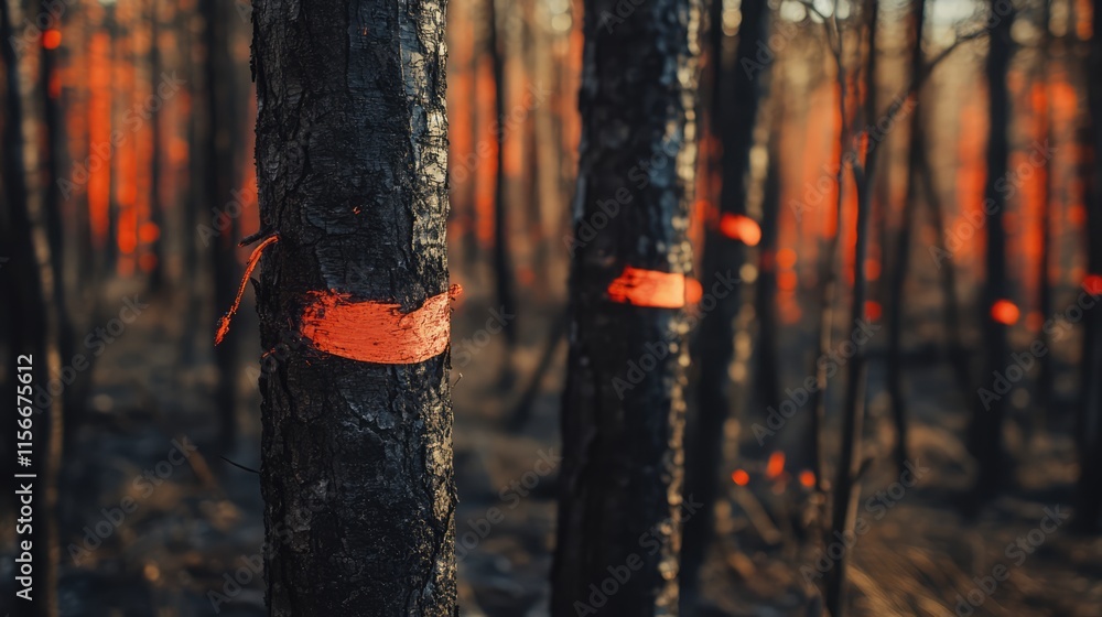 Aufkleber burned trees marked for removal after forest fire damage highlighting ecological recovery efforts an