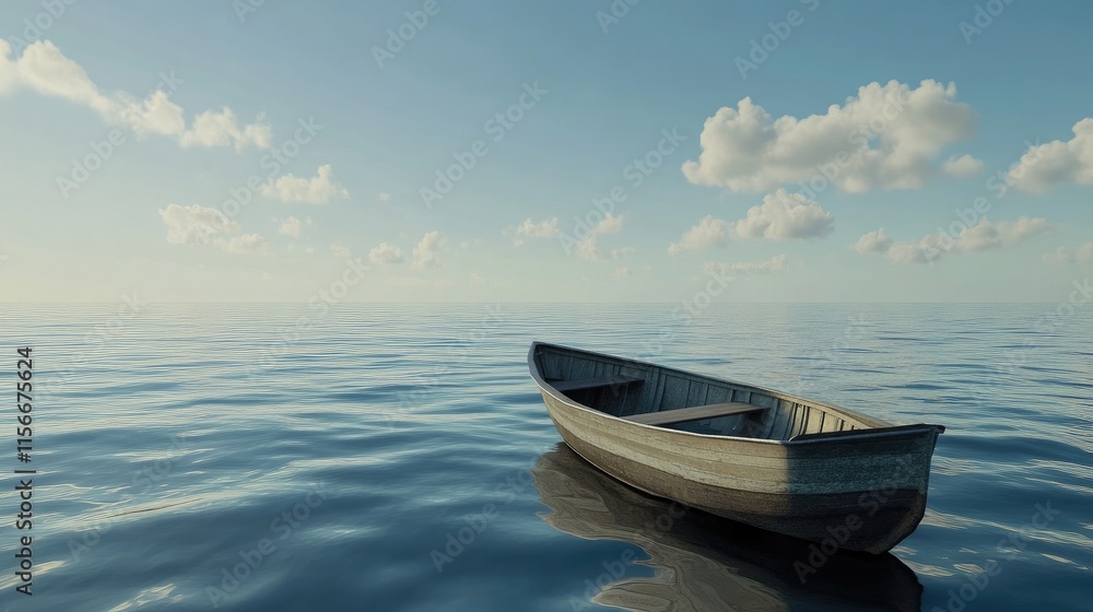 Poster a small, empty boat in the middle of the open sea, with gentle waves and a distant horizon under a c
