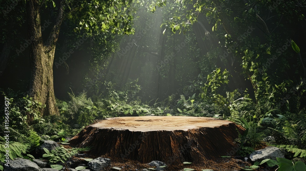 Poster Tree trunk in serene forest setting with natural light and ample space for creative decoration and design elements.