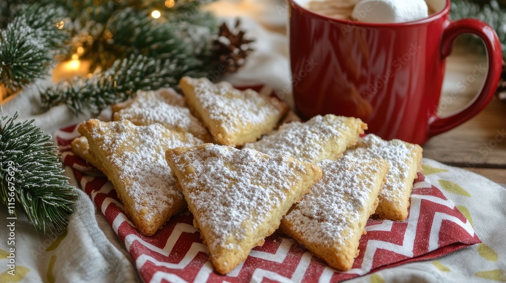Aufkleber Triangular cookies dusted with powdered sugar and cinnamon served with a red mug of marshmallow hot chocolate surrounded by festive greenery