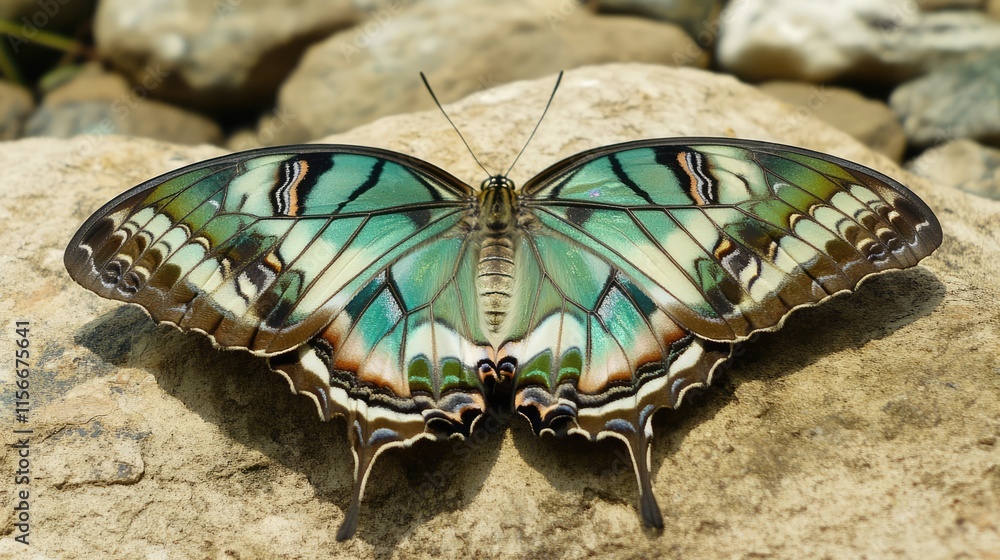 Poster vibrant tropical butterfly resting on a rock showcasing intricate patterns and colors in a natural g