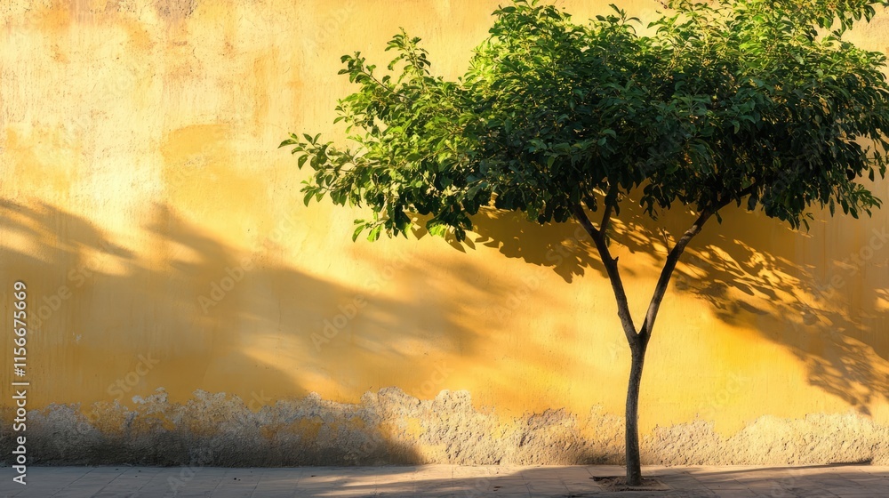 Poster tree casting shadows on a vibrant yellow wall illuminated by sunlight creating a serene outdoor atmo