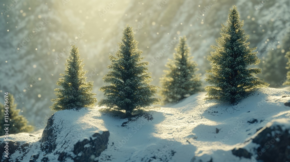 Poster snow-covered trees on a mountainous landscape with sunlight filtering through, creating a serene win