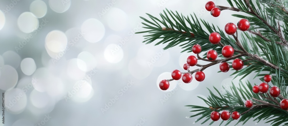 Poster Evergreen fir branch with red berries on gray bokeh backdrop with snow drops creating a festive winter atmosphere for holiday design