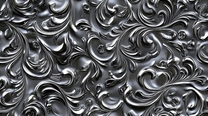 Silver Floral Baroque Pattern, Elegant Metal Texture Background