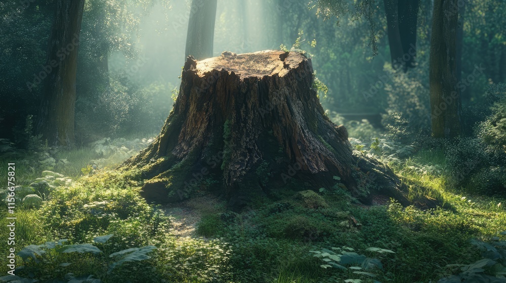 Aufkleber Forest tree stump illuminated by sunlight with lush greenery and soft shadows creating a serene and peaceful natural atmosphere.