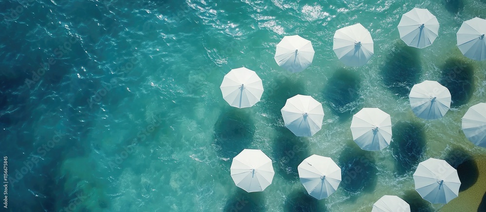 Poster aerial view of turquoise sea with white beach umbrellas creating a serene tropical atmosphere and in