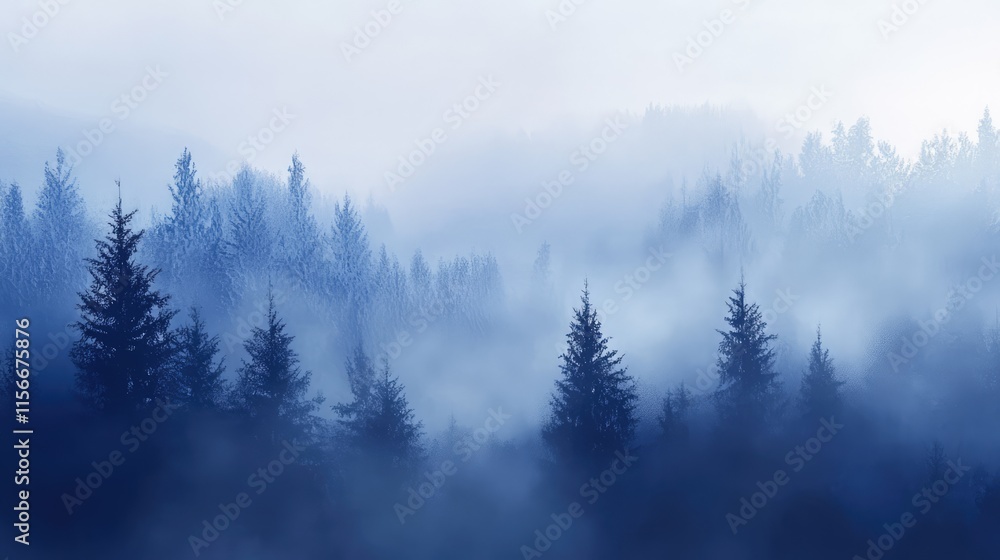 Poster misty winter landscape featuring evergreen trees enveloped in fog creating a serene frosty morning a