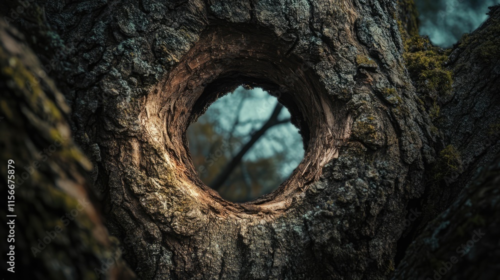 Poster Textured tree bark with circular hole framed by nature showcasing intricate details and atmospheric depth in a forest setting