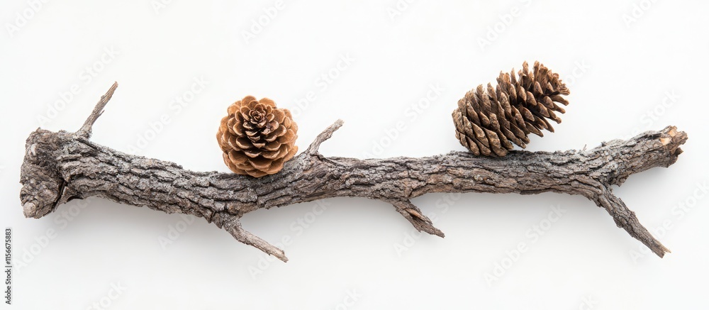 Poster Natural Pine Tree Twig with Two Pine Cones Isolated on White Background for Nature and Botanical Themes