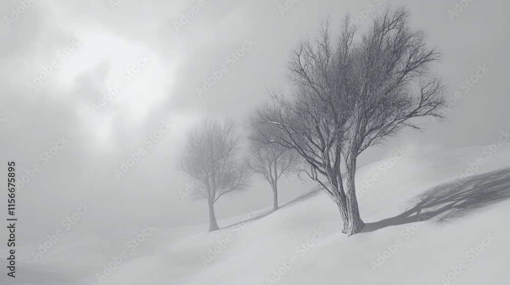 Poster snowy landscape featuring bare trees in a foggy winter scene evoking tranquility and solitude during