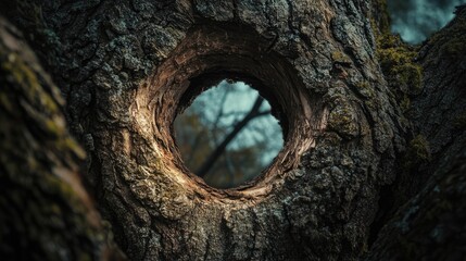 Textured tree bark with circular hole framed by nature showcasing intricate details and atmospheric depth in a forest setting