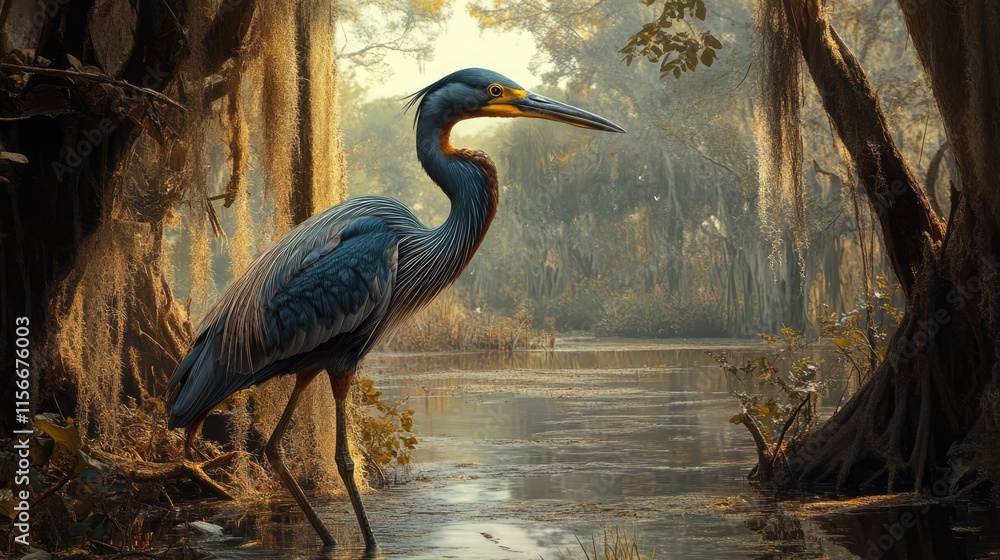 Poster tricolored heron in serene swamp environment surrounded by lush greenery and tranquil waters during 