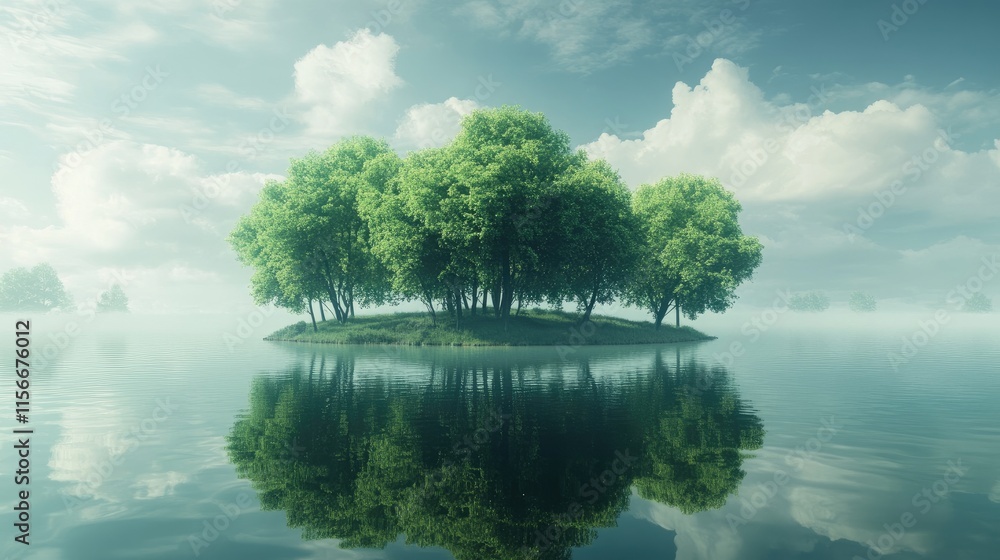 Aufkleber serene small island with lush green trees mirrored in calm water under a cloudy sky in a tranquil na