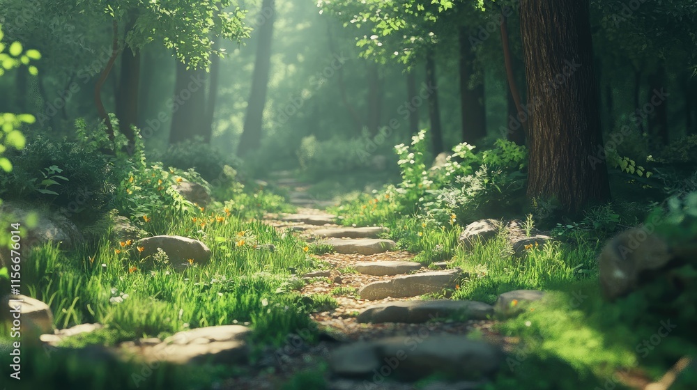 Poster Scenic forest trekking path surrounded by lush greenery and sunlight filtering through trees inviting exploration and adventure.